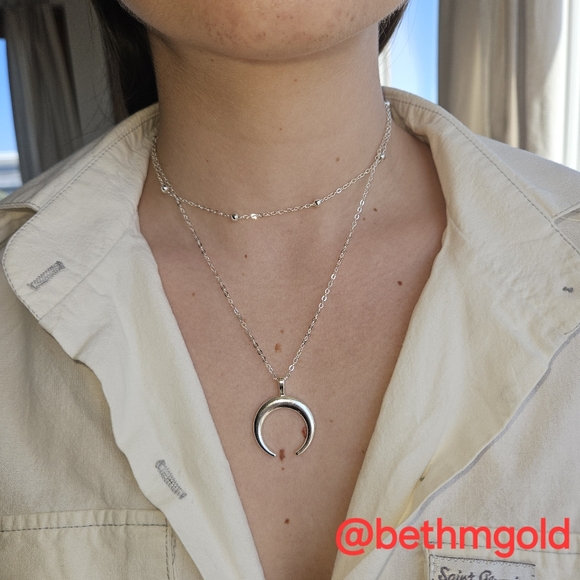 Layered Crescent Moon Necklace Silver Tone - Picture 7 of 10